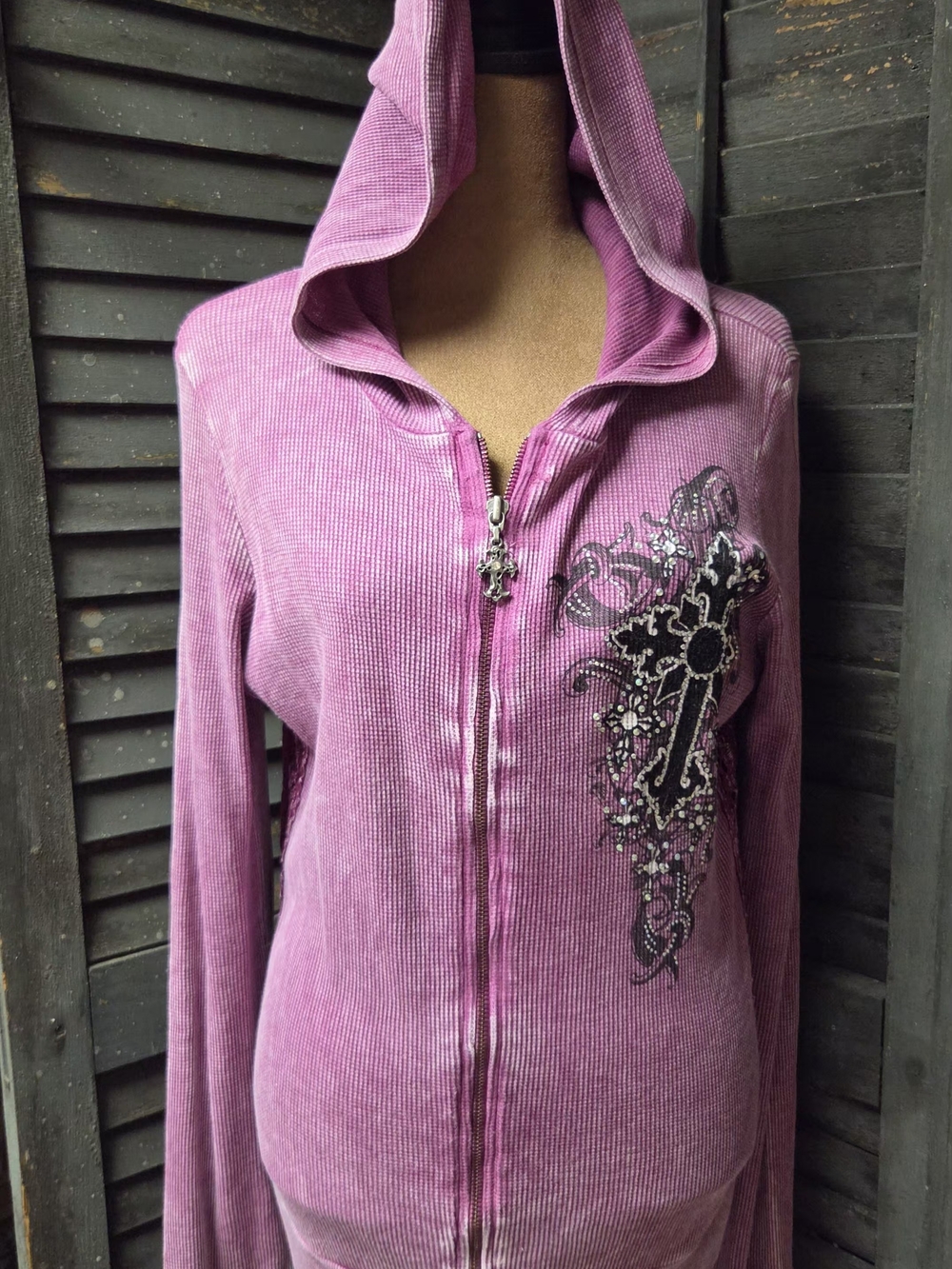 Vocal Pink Hooded Zip-Up Sweatshirt with Cross Graphic